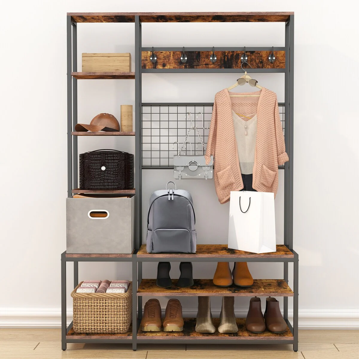 6 in 1 Hall Tree Entryway Bench with Coat Rack with 5-tier Storage Shelves, Brown