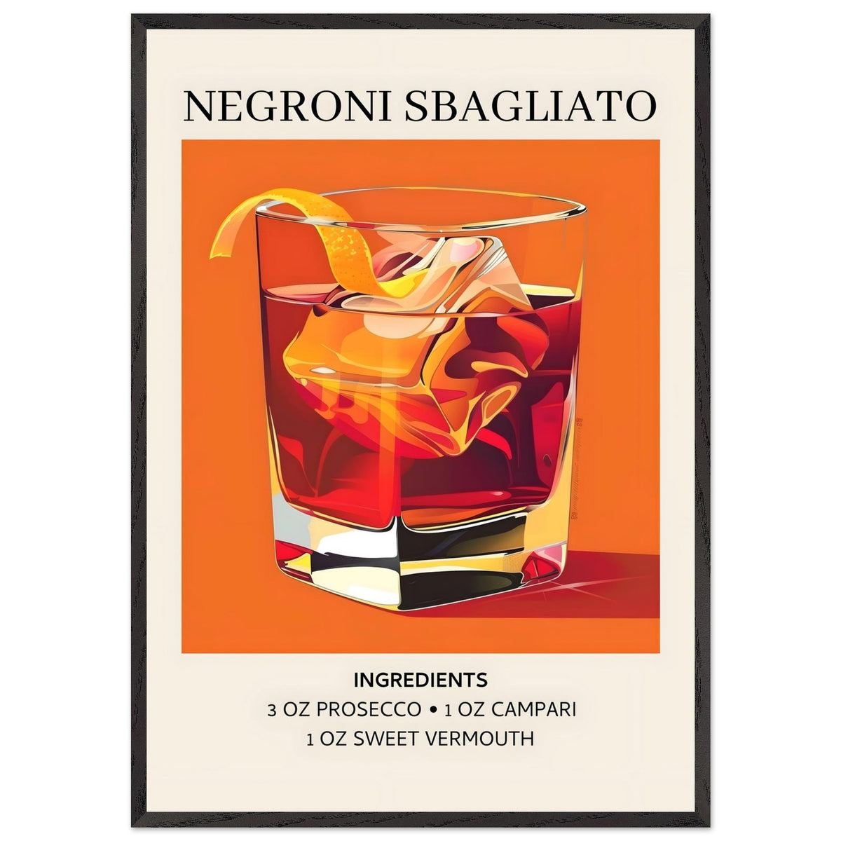 Artfulprints Poster met Lijst Negroni Sbagliato cocktail - Ingrediënten  - 70x100 cm - Oranje