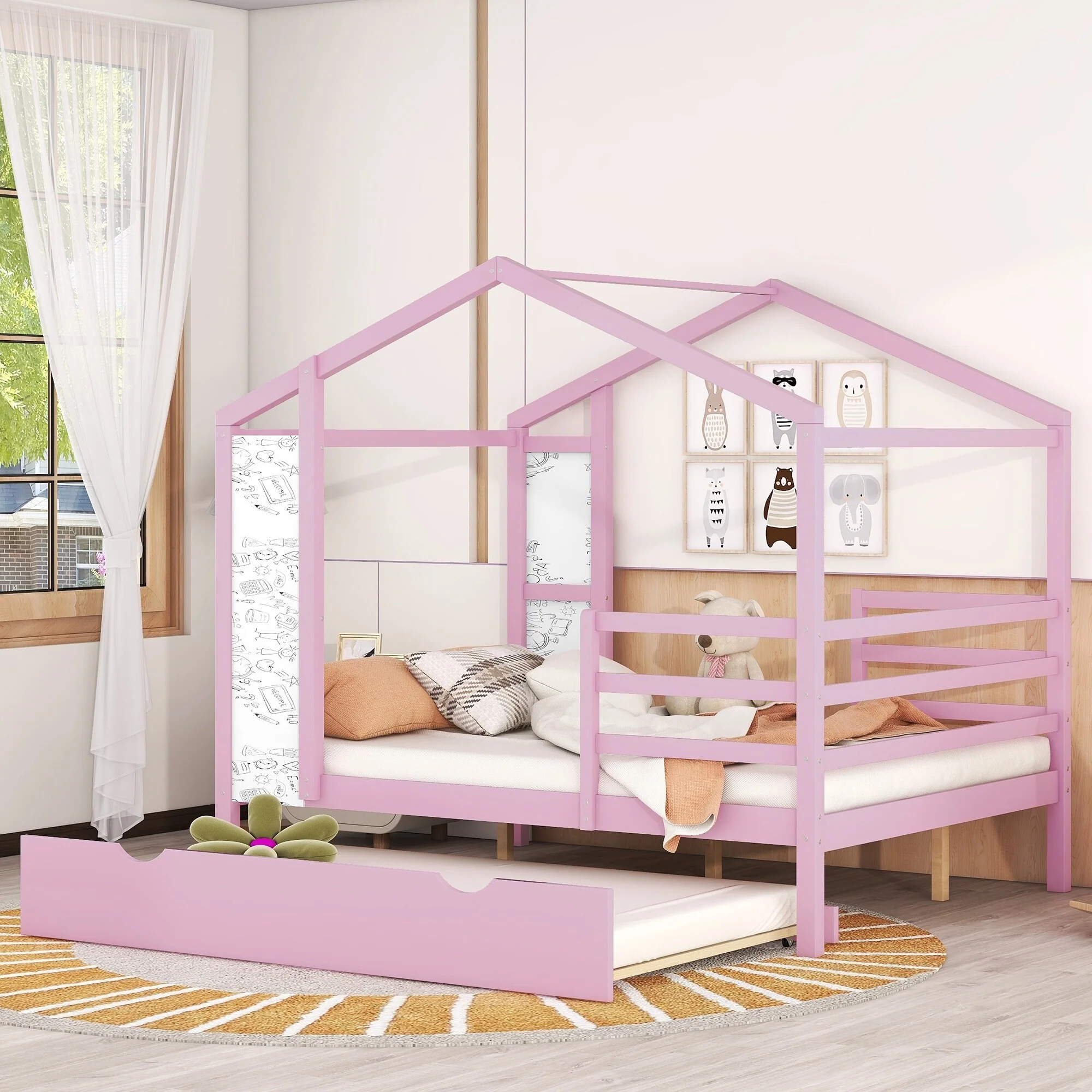 Full Size Solid Wood House Bed with Trundle and Writing Board for Kids