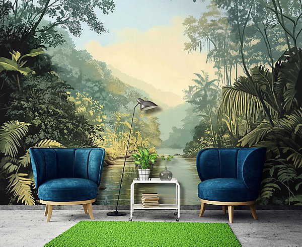 Papier Peint Panoramique Intissé 3D Jungle Nature Vert 350x250 cm - Colle Inclus - Moderne XXL Papier Peint por Chambre Salon