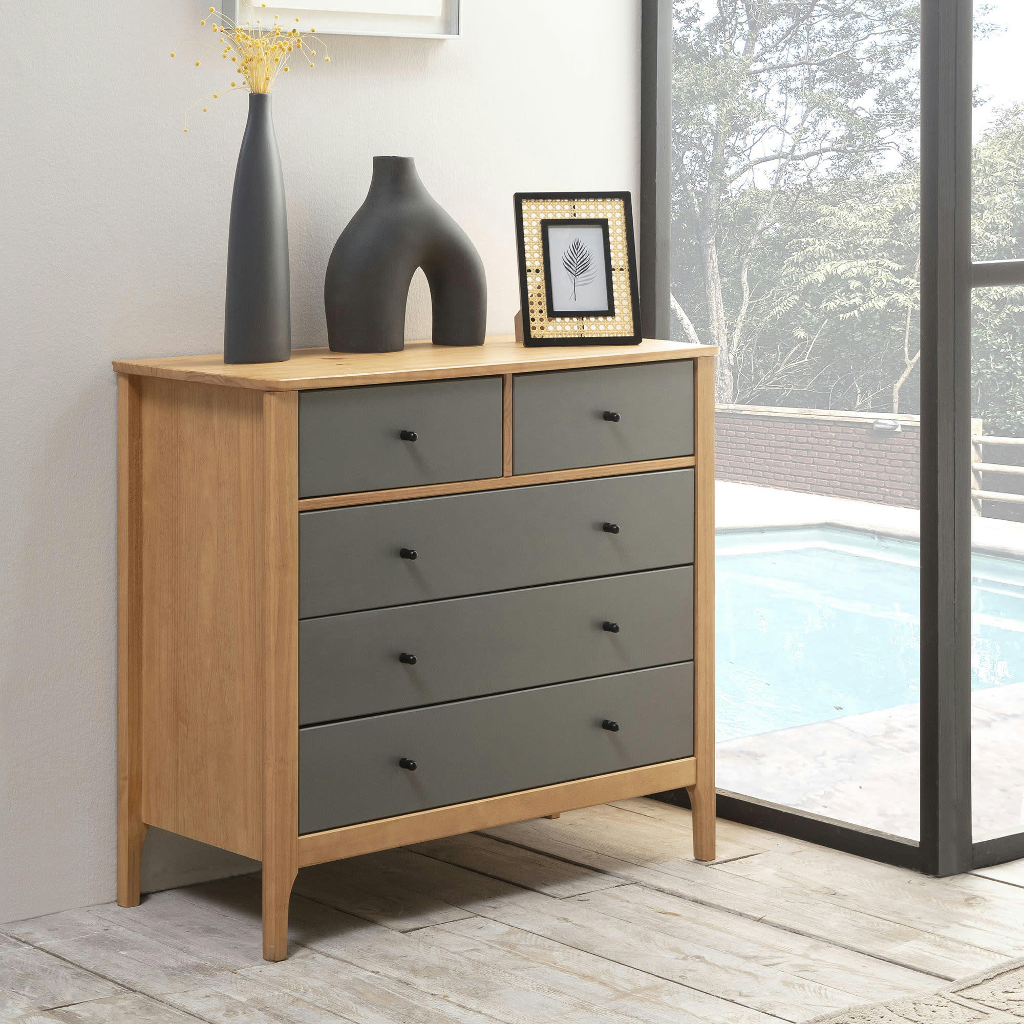 LUCA - Commode 5 tiroirs chêne/gris, 79 cm longueur