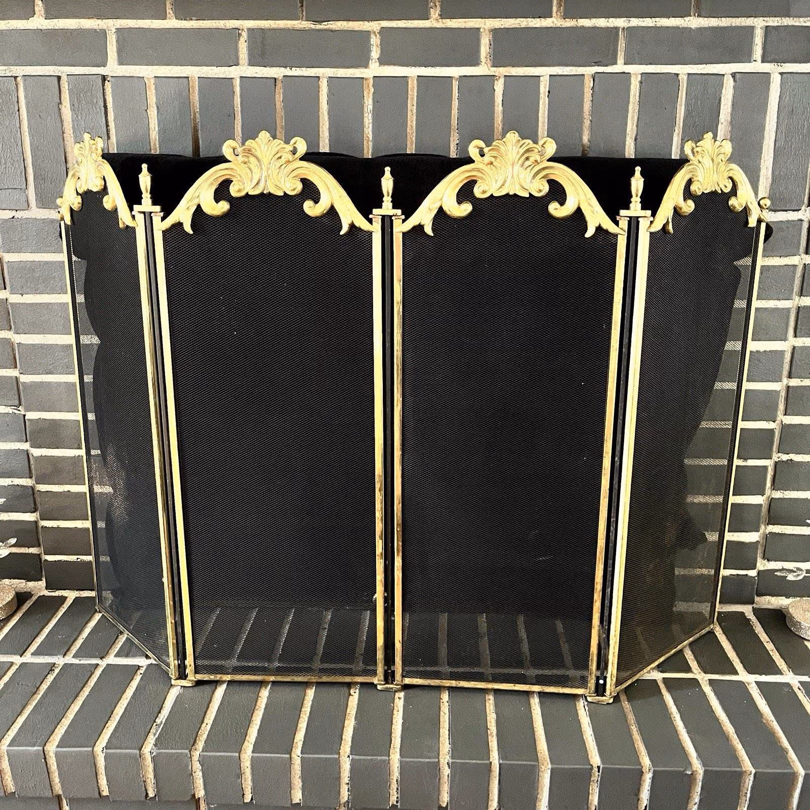 Vintage Brass Ornate Scroll 4 Panel Folding Fireplace Screen Hollywood Regency