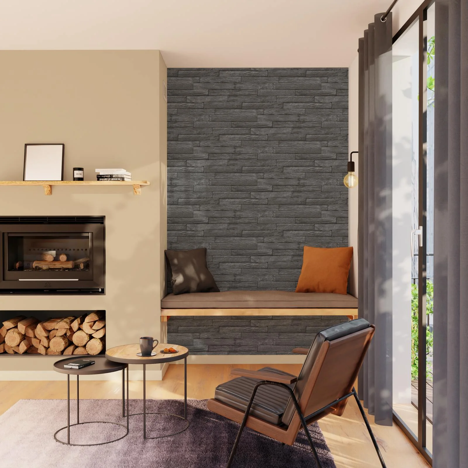 4MURS Papier peint intissé BURNT WOOD coloris Noir charbon