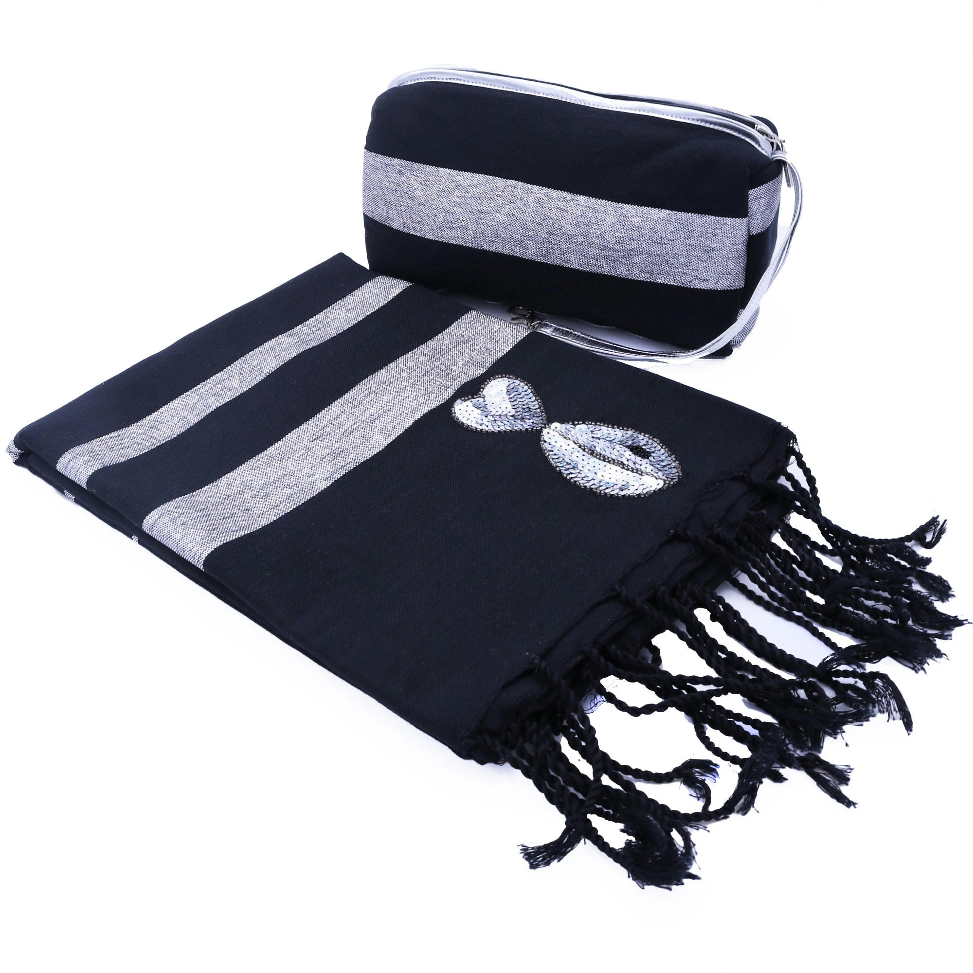 - Trousse lurex et fouta brodée noir argent