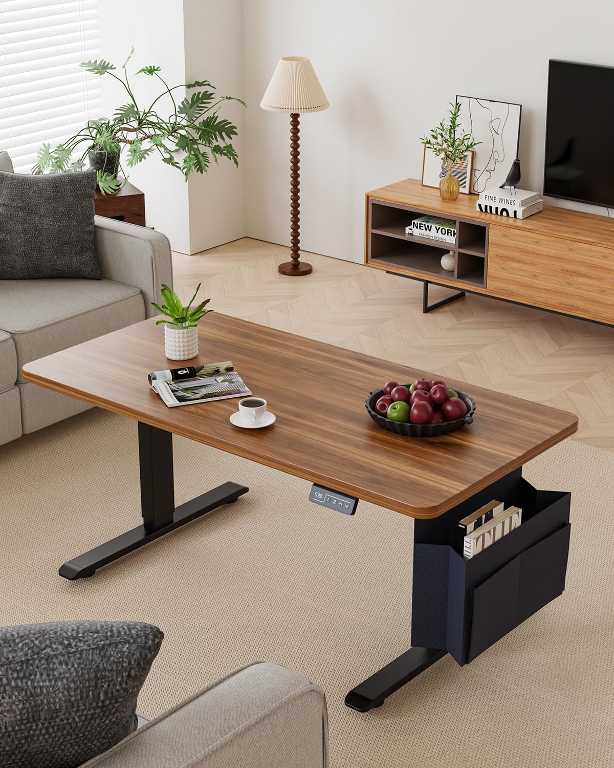 Coffee Table, Height Adjustable Electric Coffee Table with Storage Bag Lift Tabletop Dining Table Office Table with Lockable Wheels for Living Room (Dark Walnut Look, 40 x 24 Inches)