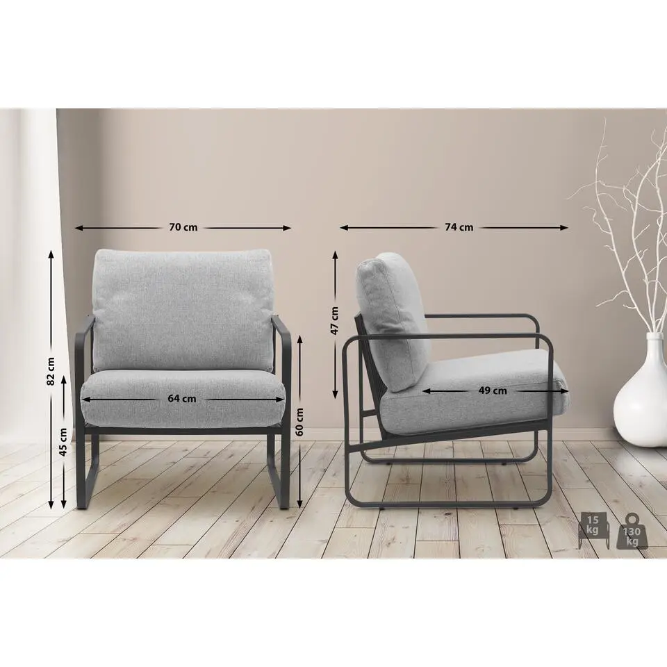 CLP Lounger Manea zwart Frame - Stof - licht grijs