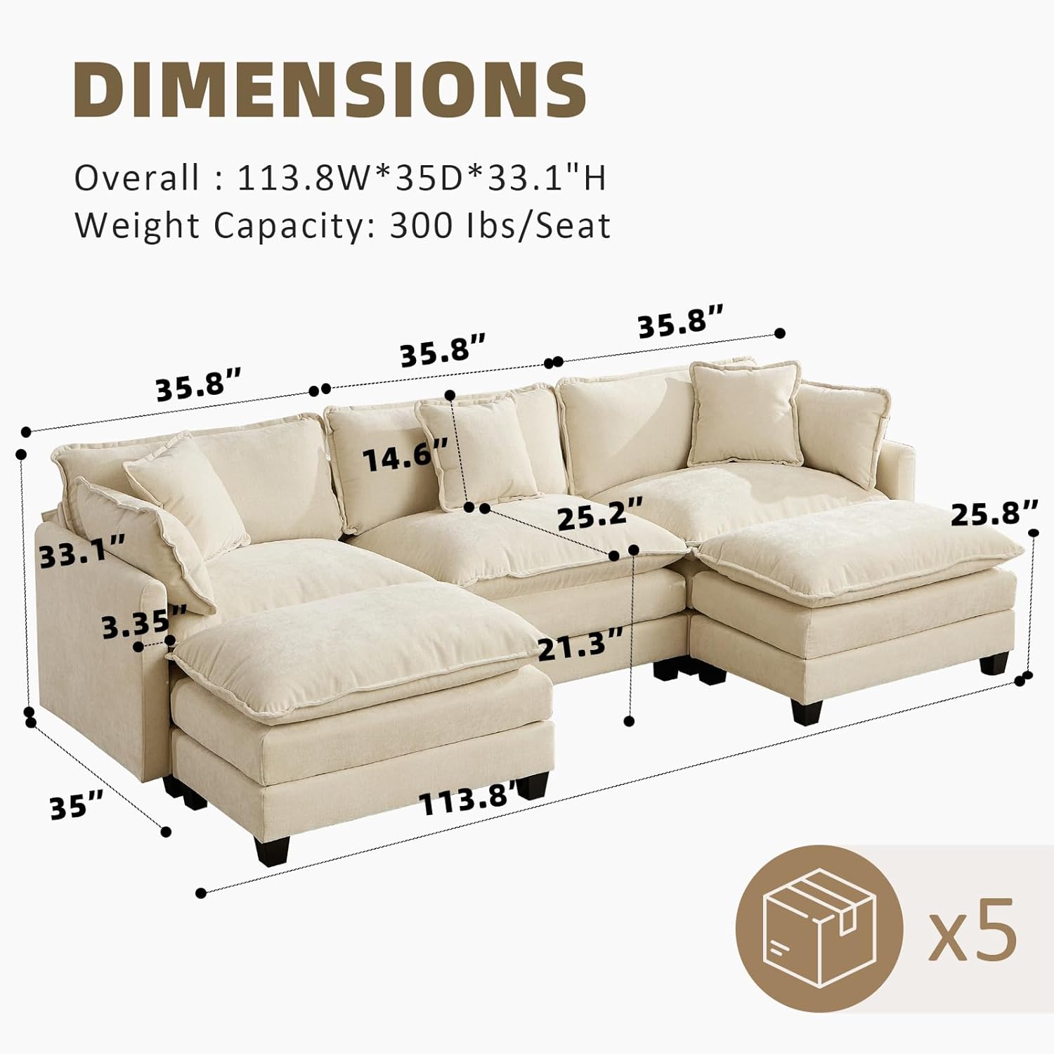 111.5” Modular Sectional Sofa L-Shaped Convertible Couches, 3 Seater Chenille Deep Seat Sleeper Cloud Couch with Pillows and 2 Ottomans for Living Room, Apartment, Office(Beige)