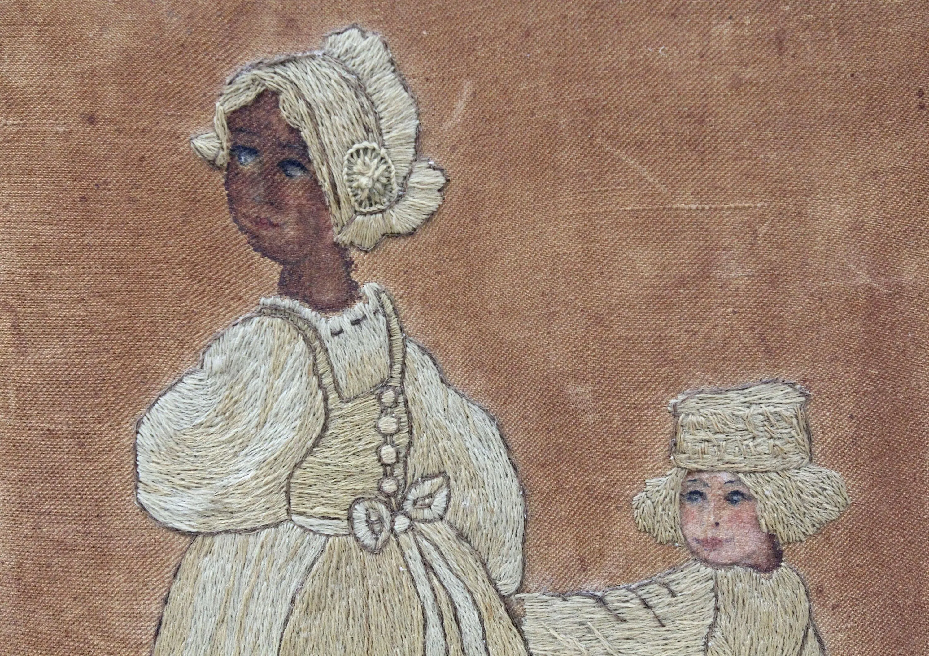 Antique Fireplace Screen Embroidered Dutch Figures Barley Twist Wood Framed