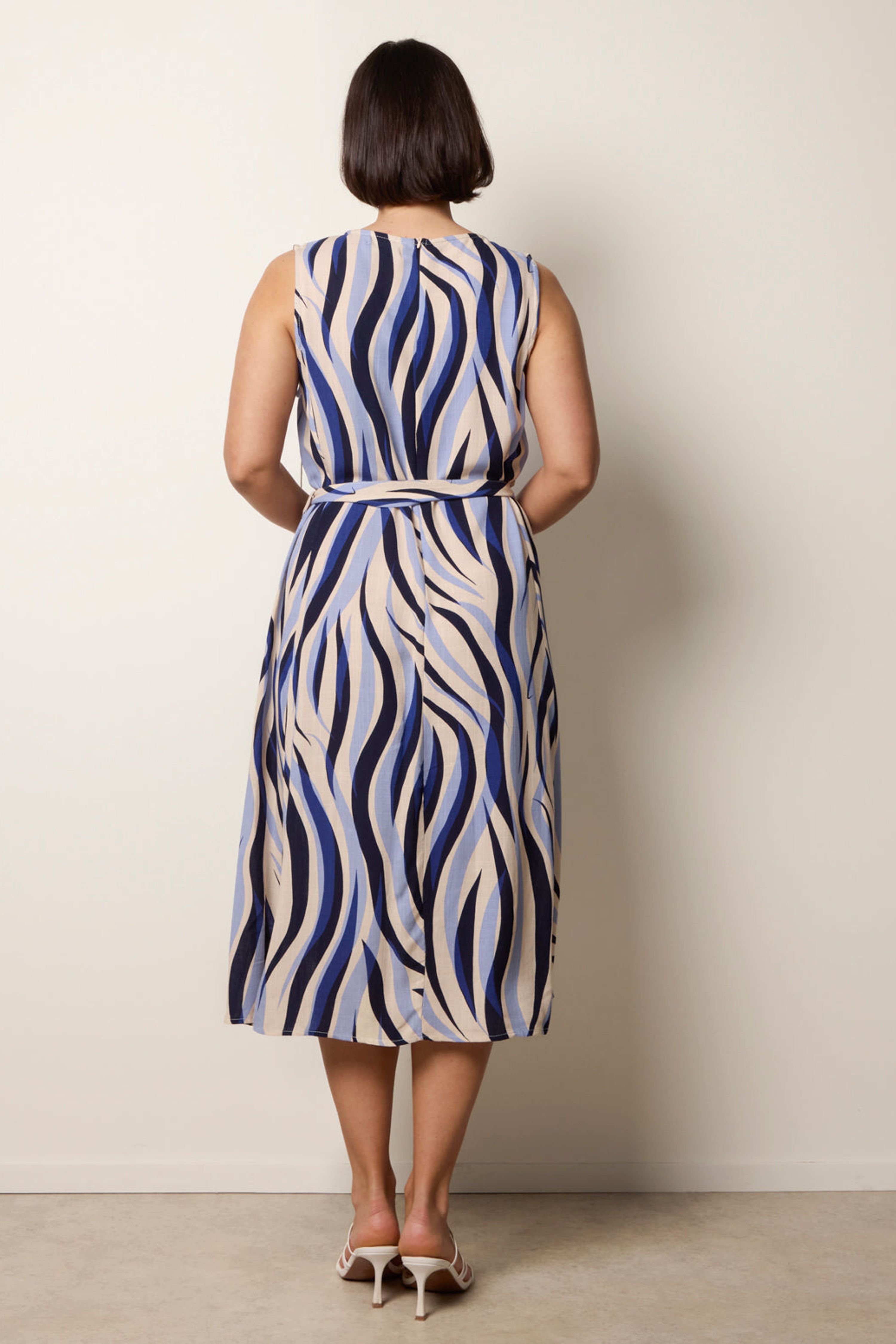 Blue Vanilla Navy Bold Wave Print Belted Dress
