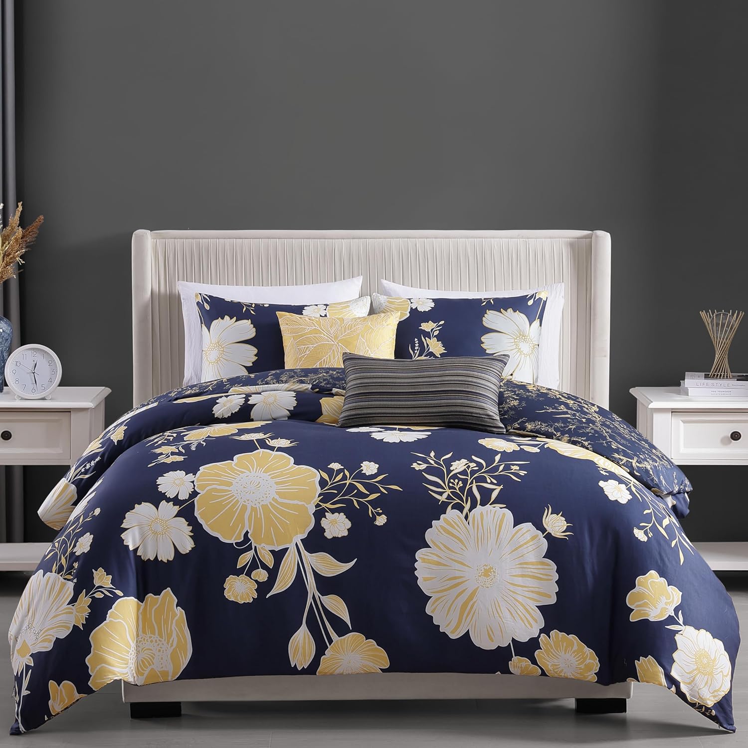 Bebejan Sunglow 5 Piece Comforter Set, 100% Cotton Sateen, 220 Thread Count, Blue Reversible Bedding Comforter Set, 1 Comforter, 2 Shams & 2 Pillows (King/Cal King)