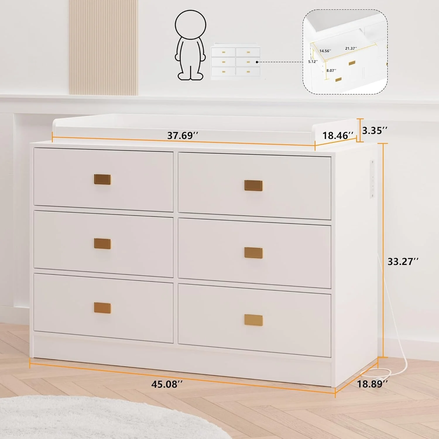 Dresser for Bedroom with 6 Drawers, Wide Chest of Drawers with Changing Table Top