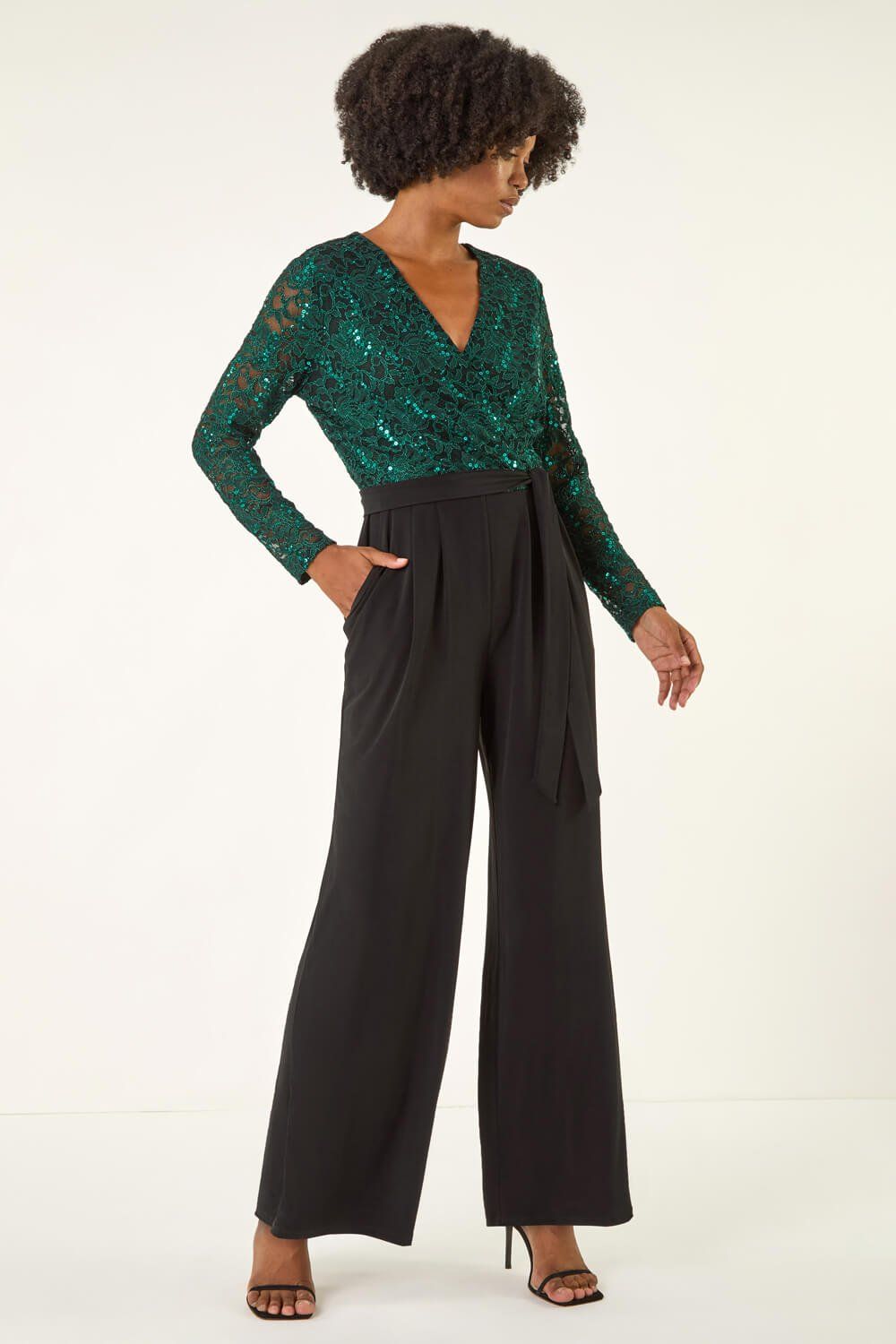 Roman Sequin Lace V-Neck Stretch Jumpsuit