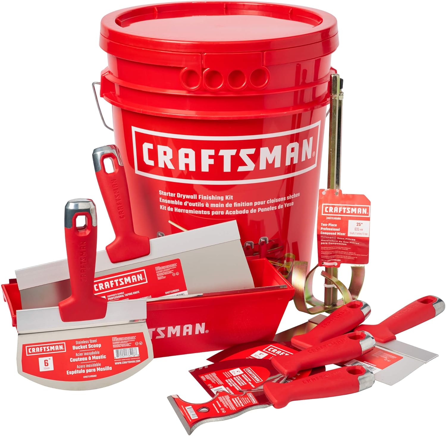 CRAFTSMAN Drywall Hand Tool Kit w/Bucket | 4 & 6-Inch Joint Knives, 8 & 12-Inch Taping Knives, 9-in-1 Multi Tool, Bucket Scoop, Mixer, Mud Pans | Taping, Finishing, Drywall Repairs