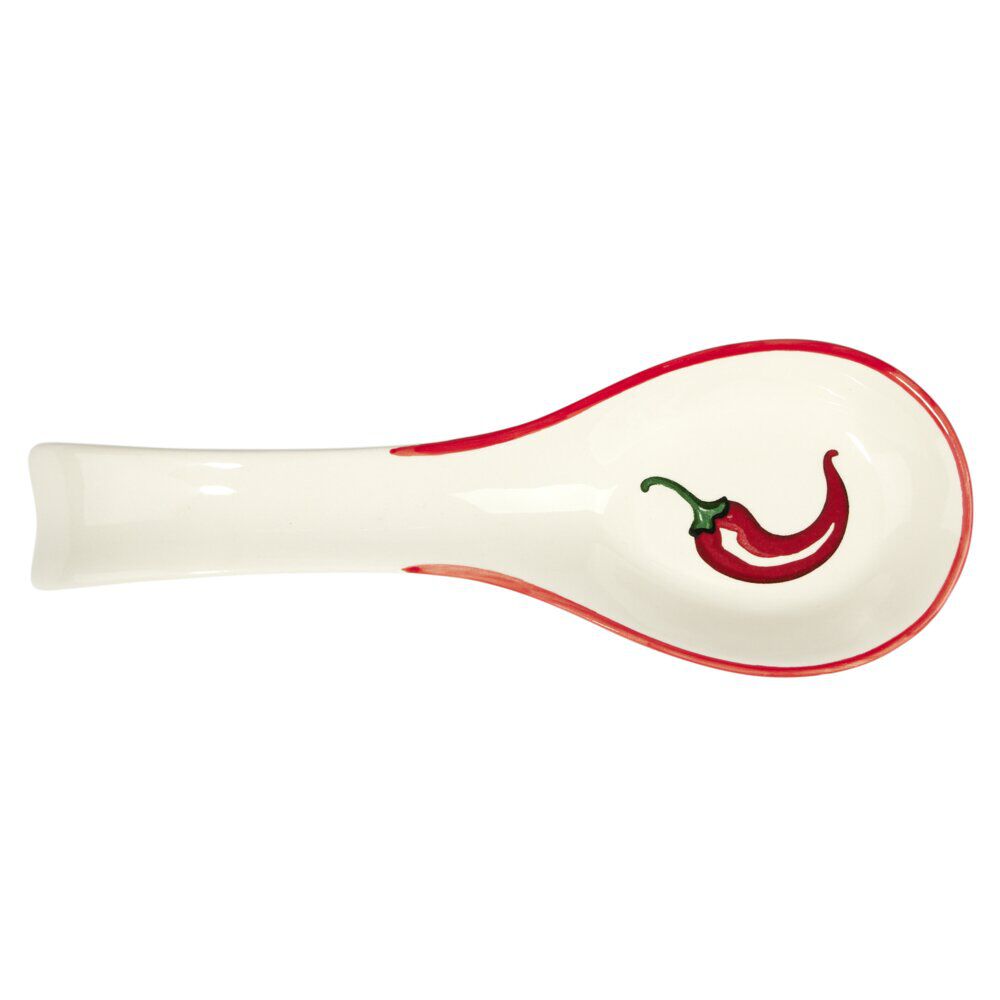 Repose-cuillère en céramique blanche motif piment rouge L16cm