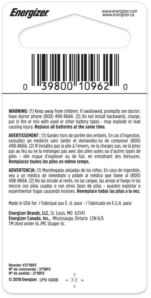 Energizer Silver Oxide 1-pk 370/371 1.5V / 1.5 Volt Button Cell Battery