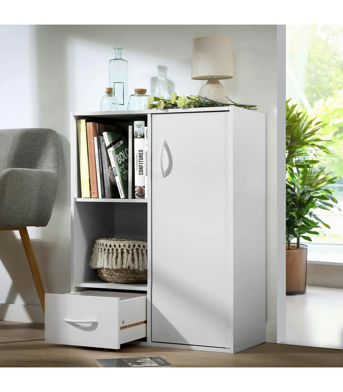 - Étagère de rangement 2 cases 1 tiroir 1 porte effet bois - L62 x H80cm