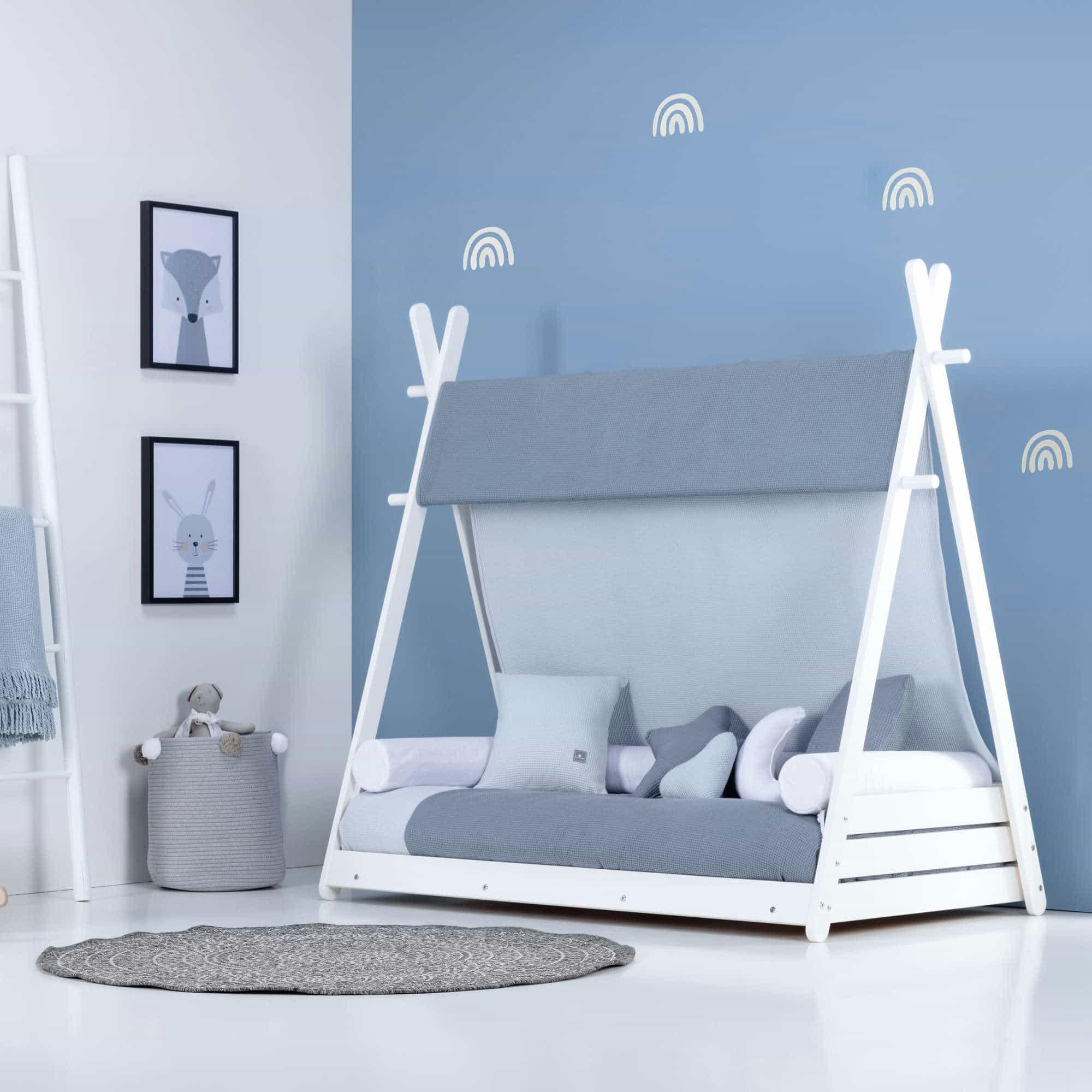 HOMY - Lit bébé Montessori en 70x140 cm avec textile en bleu