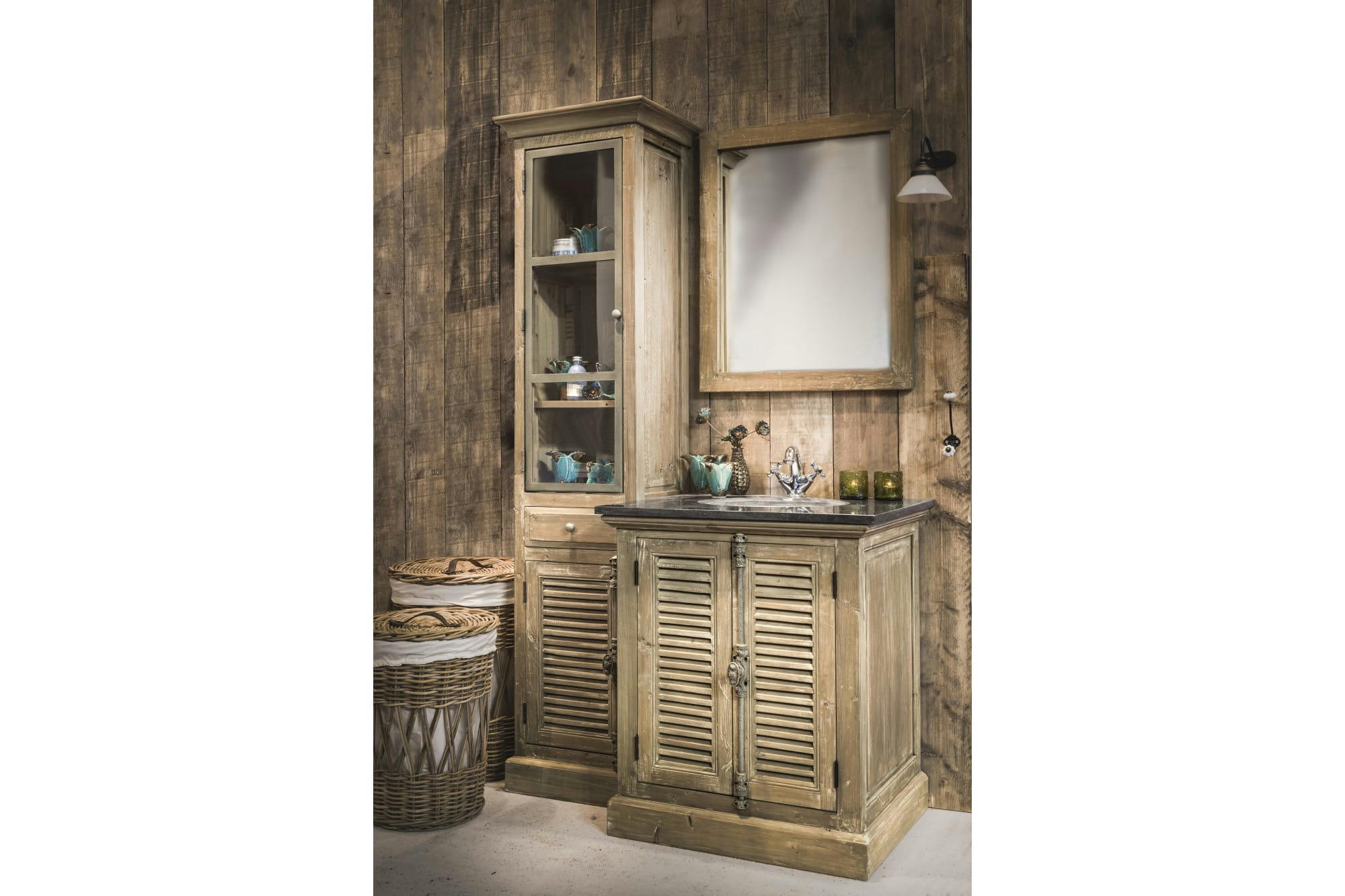 HANOÏ - Meuble simple vasque en bois plan en pierre et miroir (ensemble)