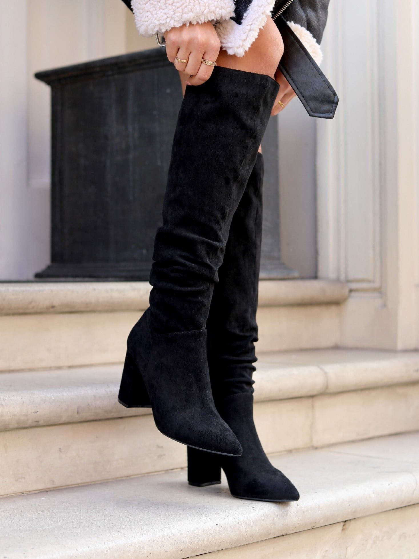 Linzi Bonnie Black Suede Block Heel Knee High Ruched Boot