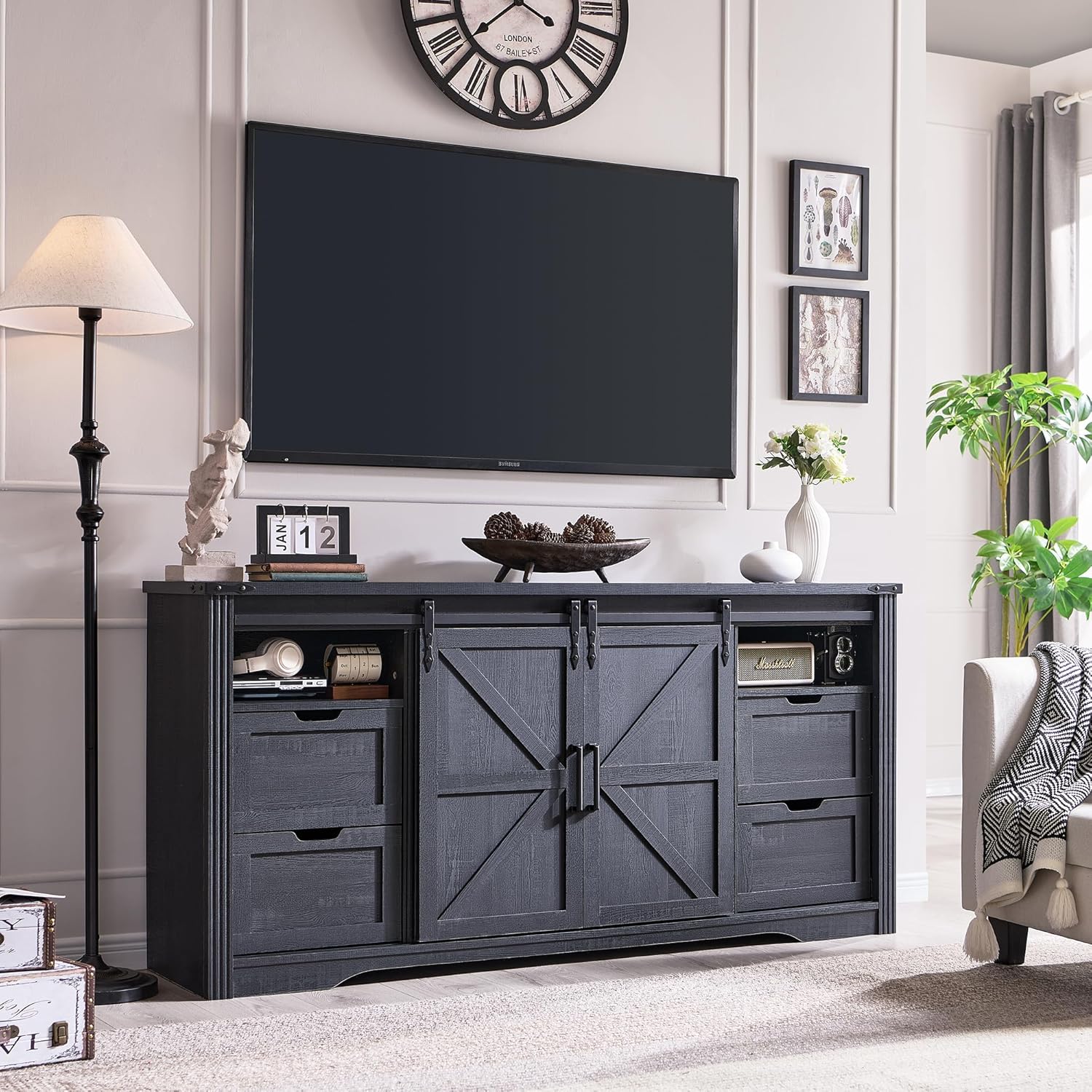 JXQTLINGMU Farmhouse TV Stand for 75+ Inch TV, 32 Tall Entertainment Center w/4 Drawers & Sliding Barn Door, Rustic Media Console w/Storage Shelves, 66 Wood Television Stand for Living Room, Black