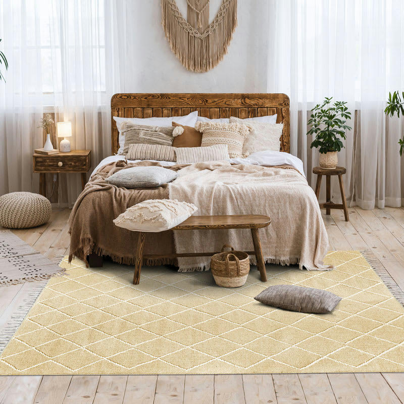 BOHO - Tapis coton motif croisillons en laine épaisse naturel 120x170