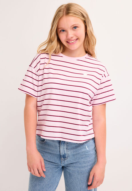 Older Girls Pink & Burgundy Stripe Boxy T-shirt