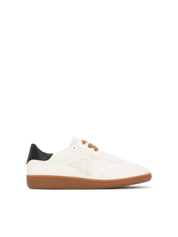 White natural leather sneakers with black heel counter