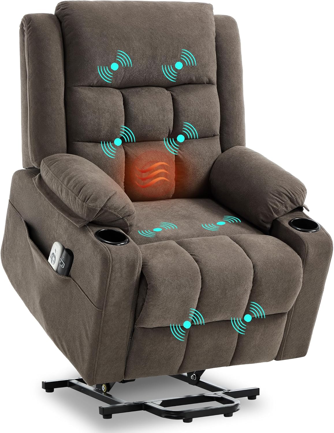 Electric Power Lift Recliner Chair Sofa with Massage and Heat for Elderly, USB and Type-C Ports, Cup Holders, Infinite Position (Brown, Regular)