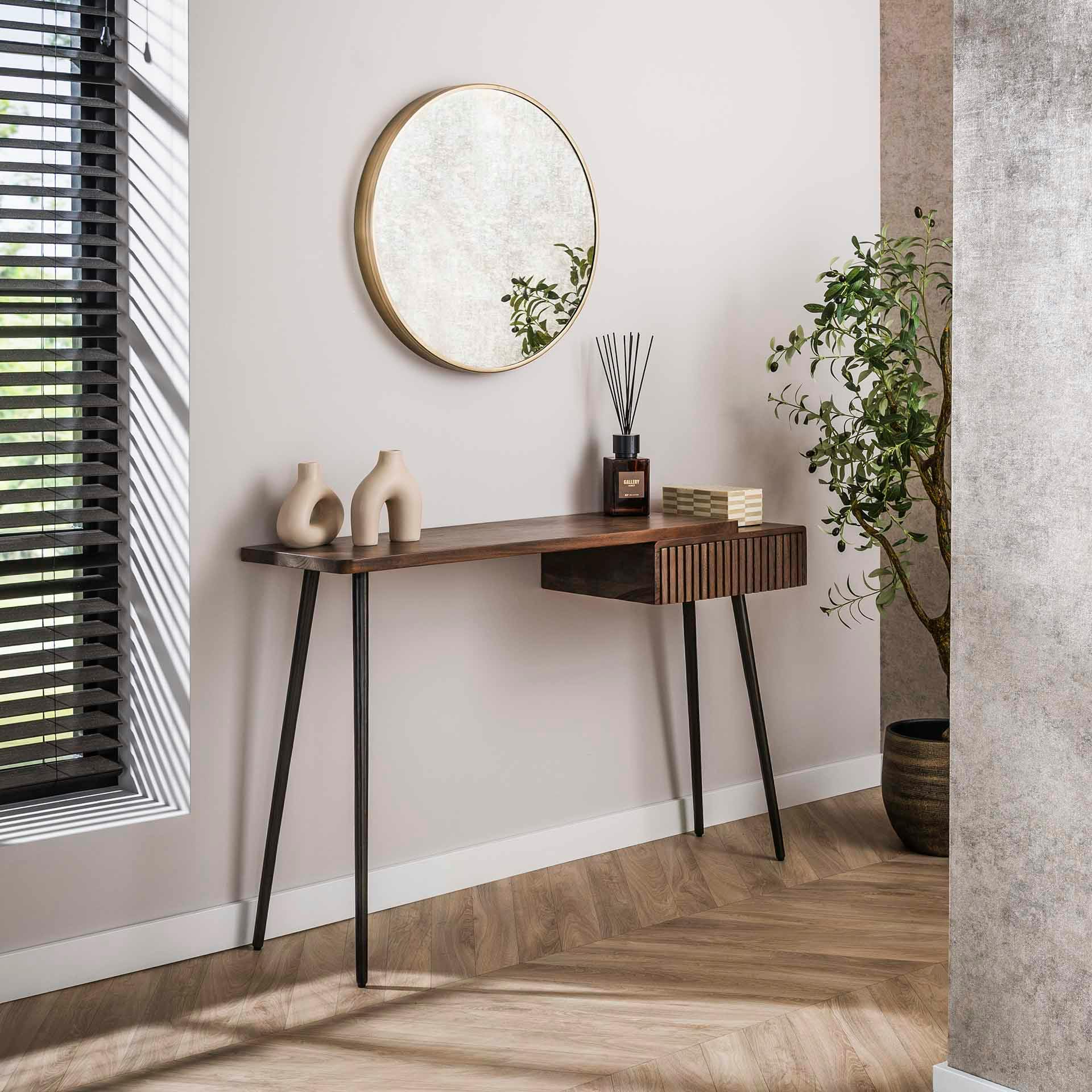 Console bureau en bois d’acacia brun, tiroir rainuré NAKO