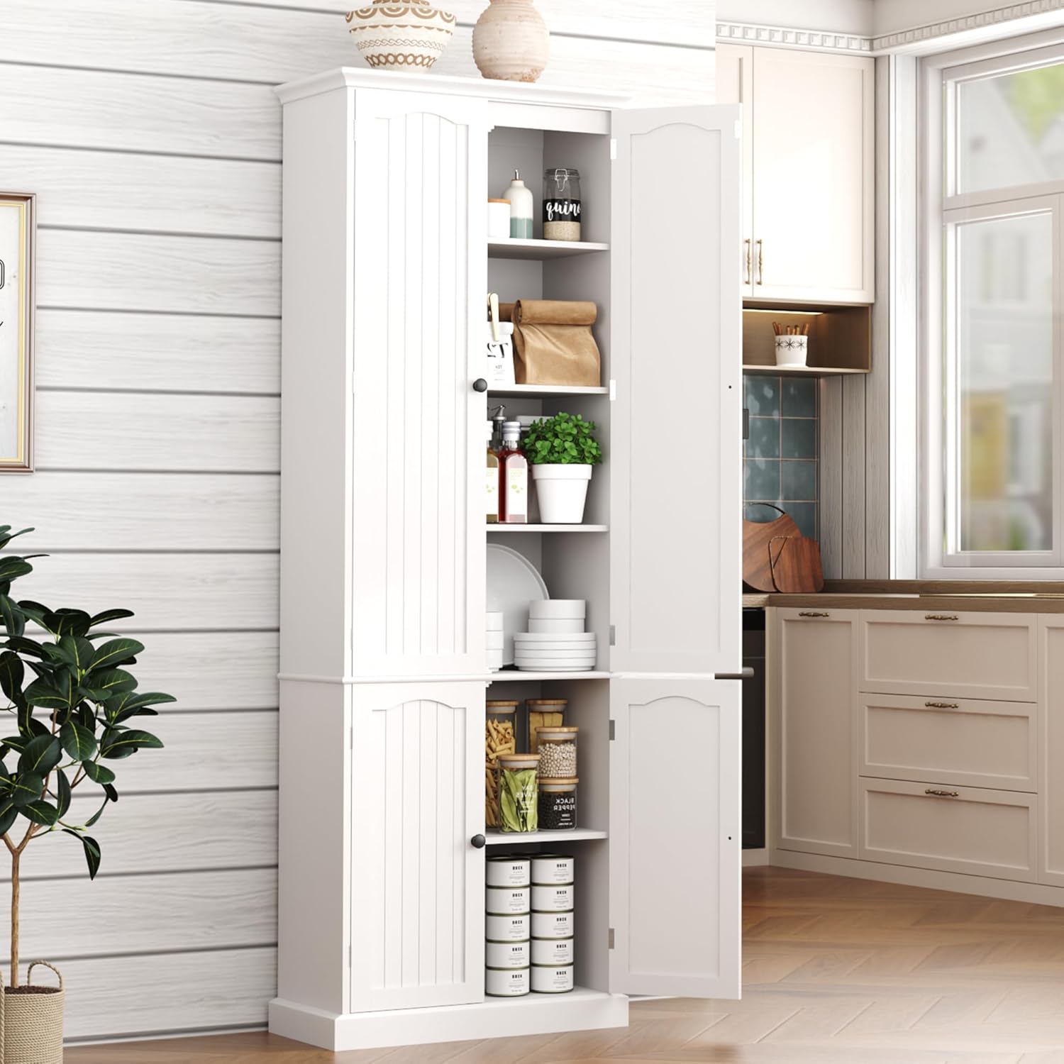 Function Home 72 Kitchen Pantry Cabinet, Tall Wood Storage Cabinet with Doors and Adjustable Shelves, 6-Tier Freestanding Cupboard for Kitchen Dining Room Living Room Bathroom, White