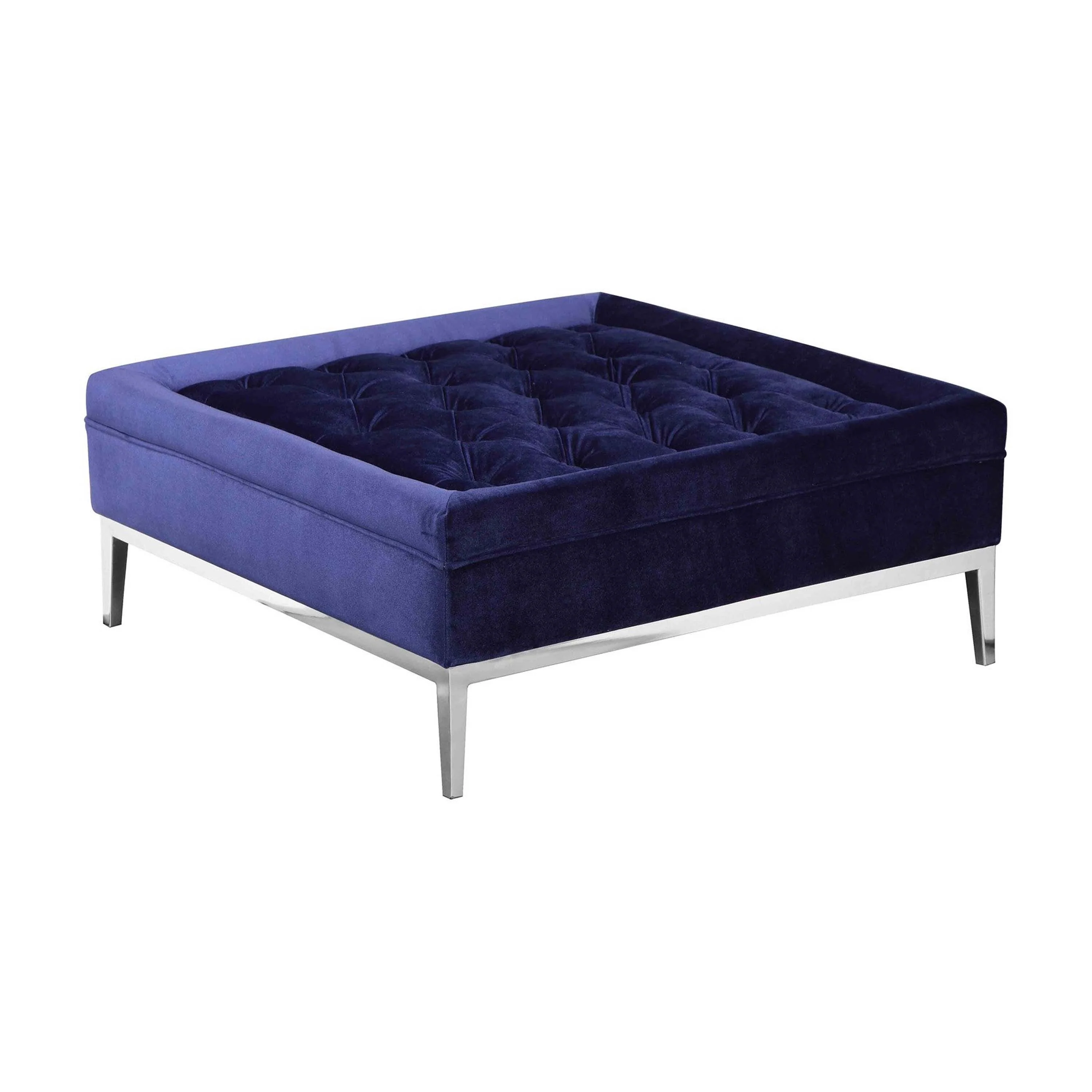 Vien 37 Inch Accent Ottoman, Square, Navy Tufted Velvet Gold Polished Steel