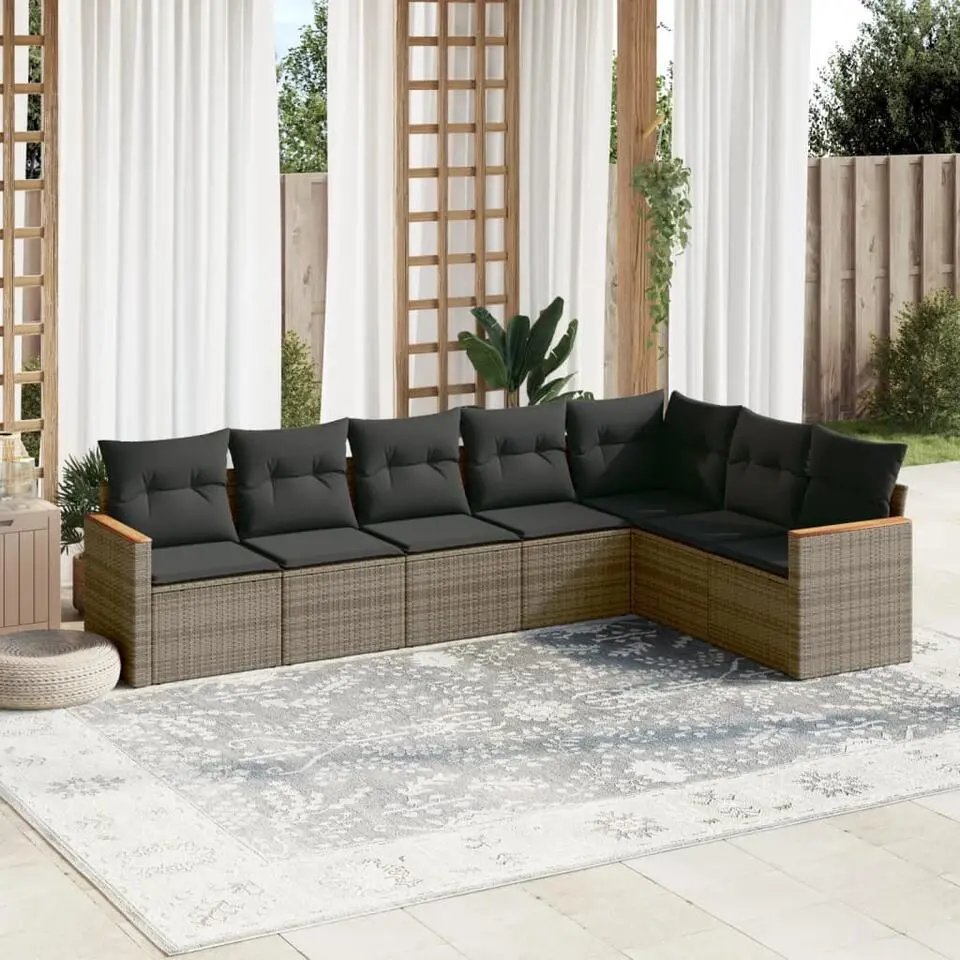 vidaXL Loungeset met kussens en hout armsteun - Grijs - Poly rattan - 7 stuks