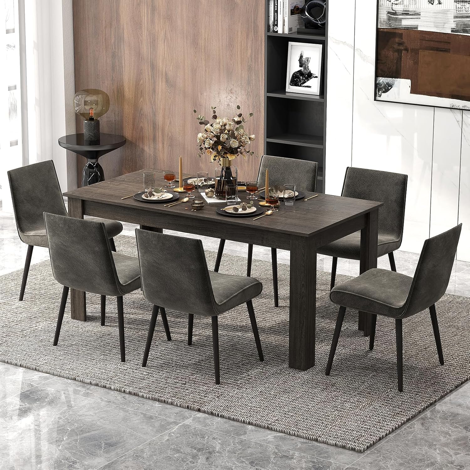COSTWAY 63' Rectangular Dining Table for 4-6 People, Modern Farmhouse Dinette Table with Large Computer Workstation, Grey