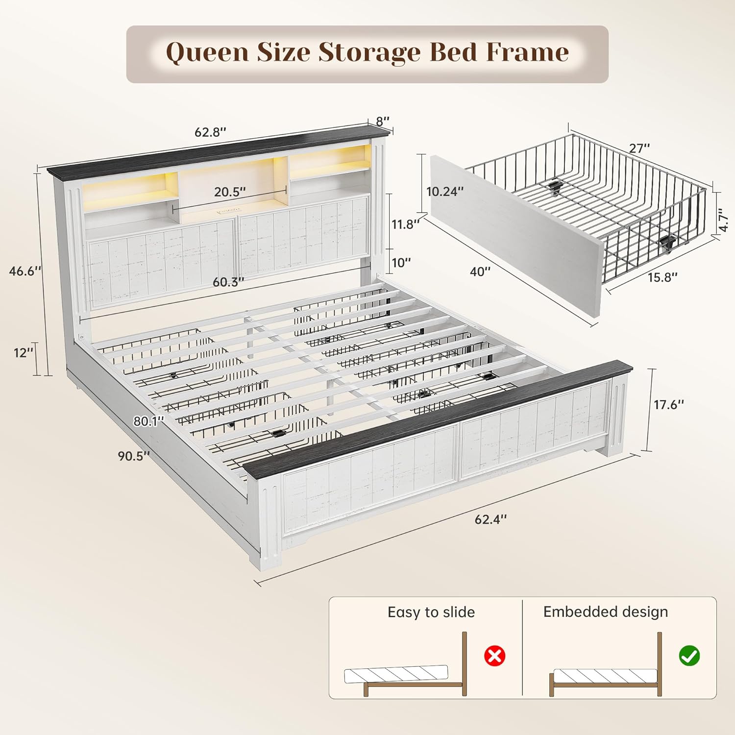 EnHomee Queen Bed Frame with Headboard and Storage, 4 Drawers and LED Built in Charging Station Bed Frame Queen Size with Storage Farmhouse, NO Noise,No Box Spring Needed, White