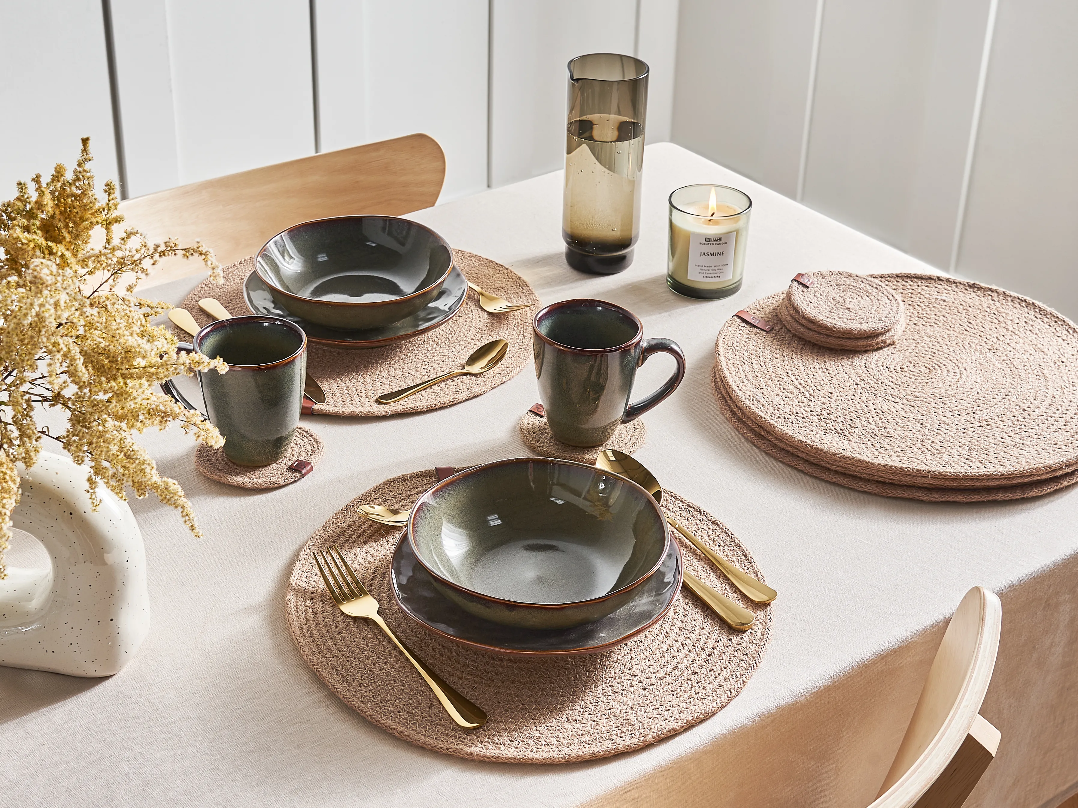 12 Piece Placemats and Coasters Set BUSHMINT Jute Natural
