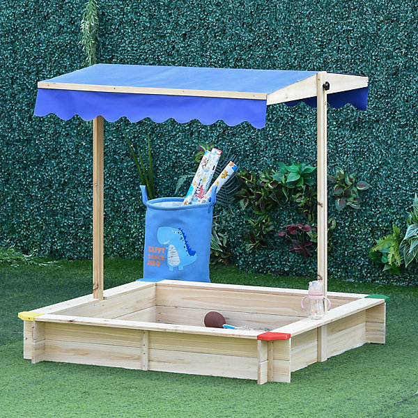 Bac à sable bois carré dim. 1,2L x 1,2l x 1,2H m - hauteur et inclinaison toit réglables - bois naturel de pin