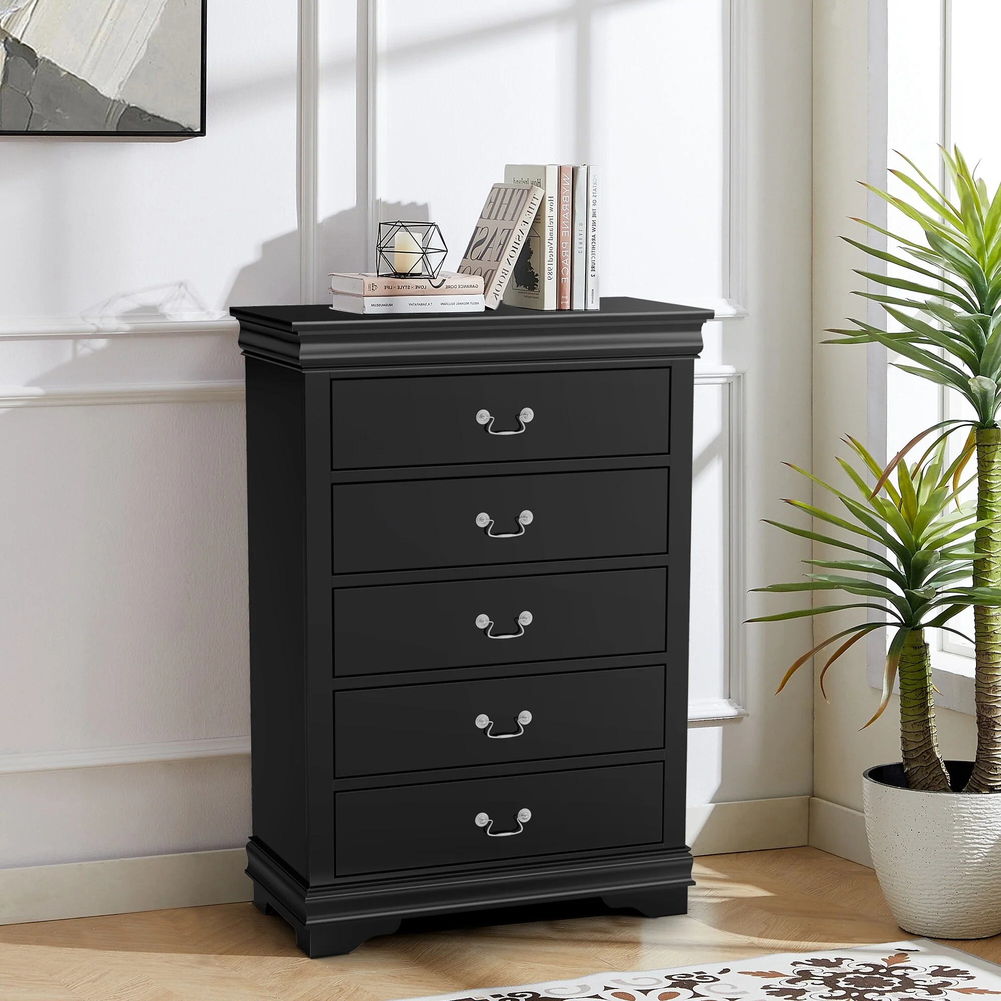 48 Tall Modern Black Solid Wood 5-drawer Storage Chest