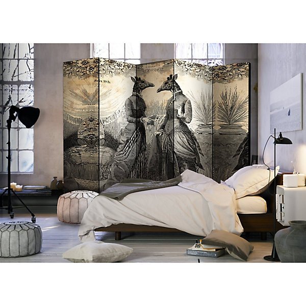 Paravent Conversation II : élégance Vintage à 5 Volets 225 x 172 cm Beige et Noir