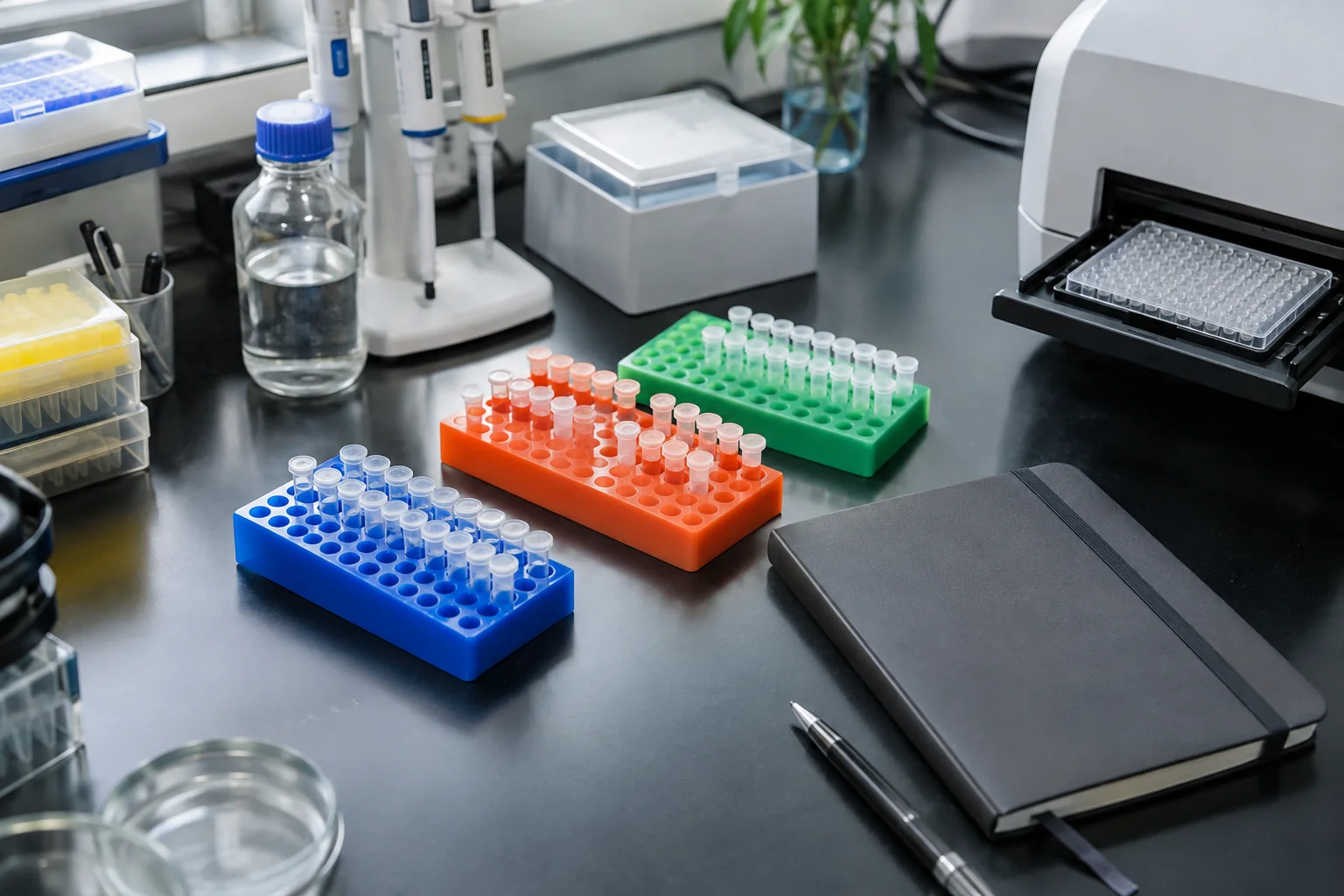 Illustrative laboratory photograph of three sample-tube racks beside a closed notebook and a microplate reader.
