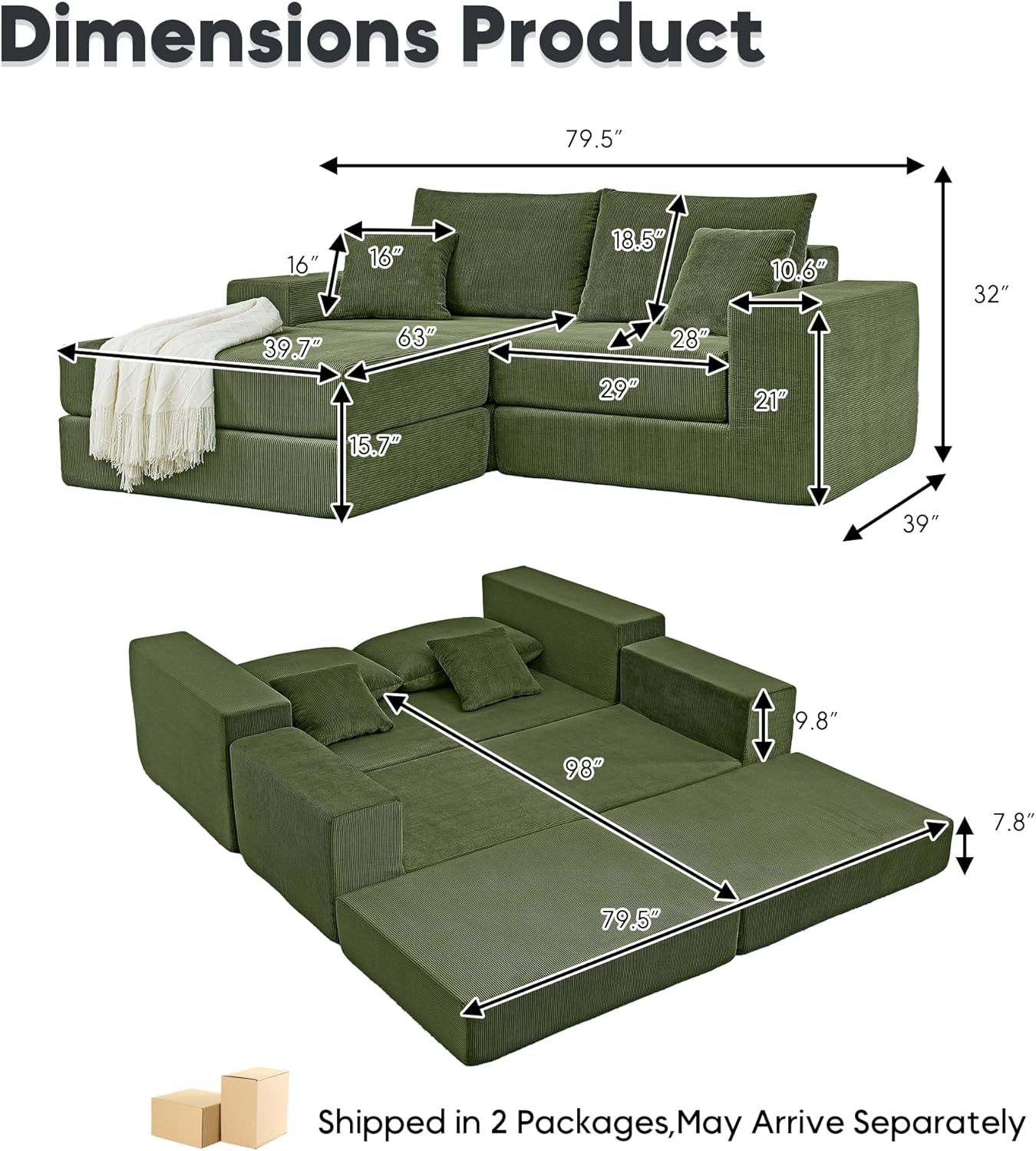 L Shaped Modular Sofa Bed with Ottoman, Corduroy Folding Floor Convertible Sofa Couch Bed, Boneless Combination Design Loveseat Sleeper Couch with Non Slip Base for Living Room, Green