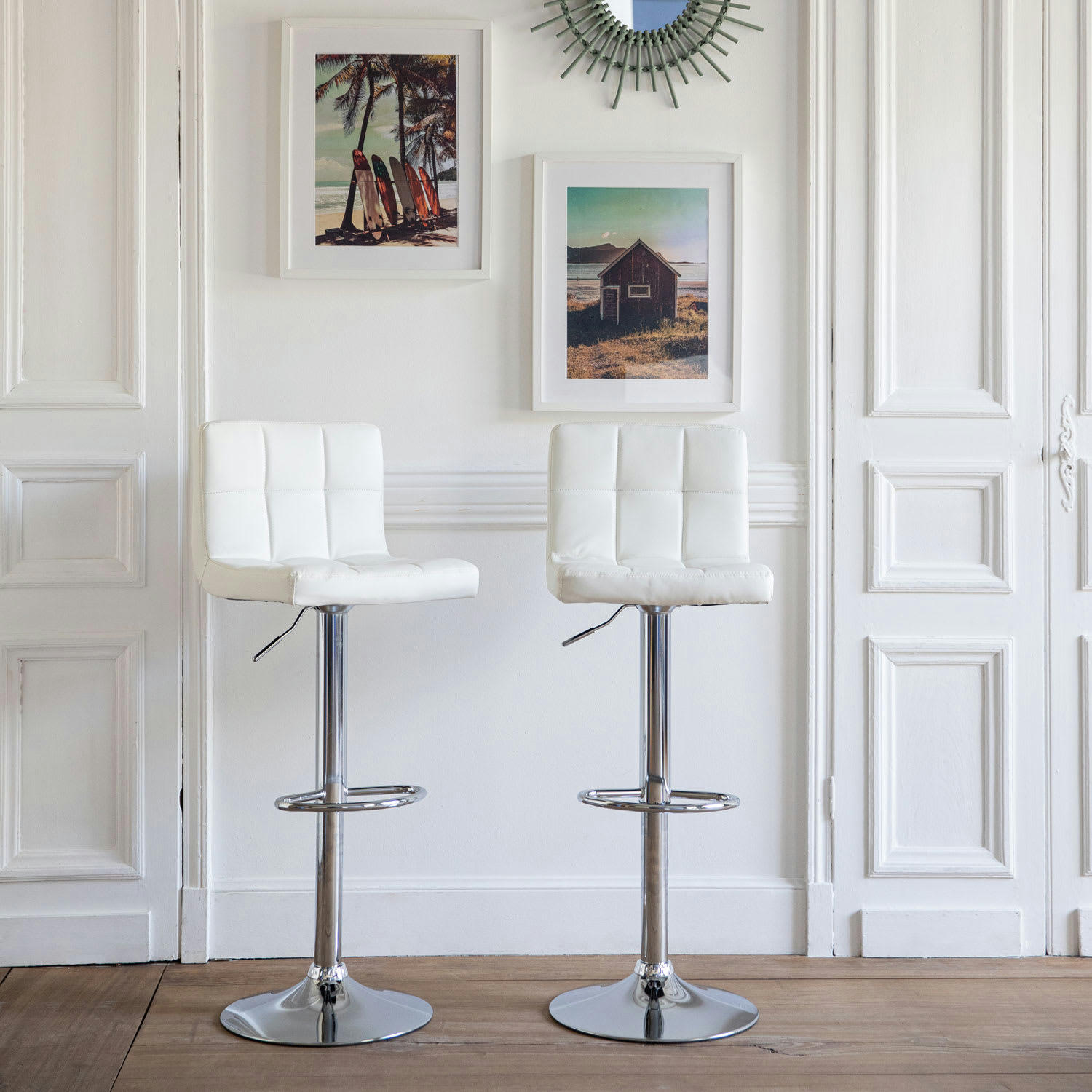 MIKE - Lot de 2 tabourets de bar en simili cuir blanc
