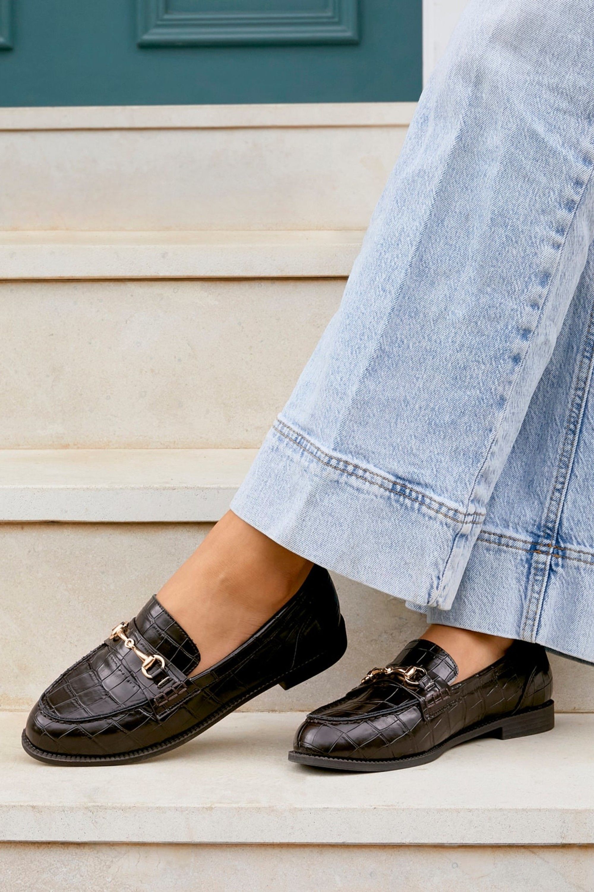 Linzi Maison Brown Faux Croc Patent Leather Loafers