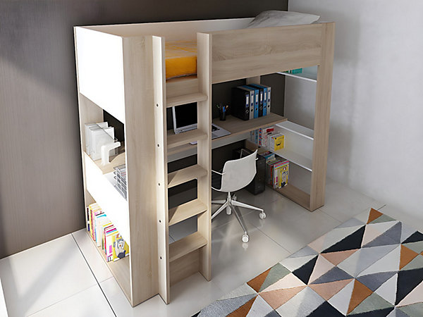Lit mezzanine avec bureau et rangements intégrés - 90 x 200 cm - Chêne et blanc   matelas - NOAH II