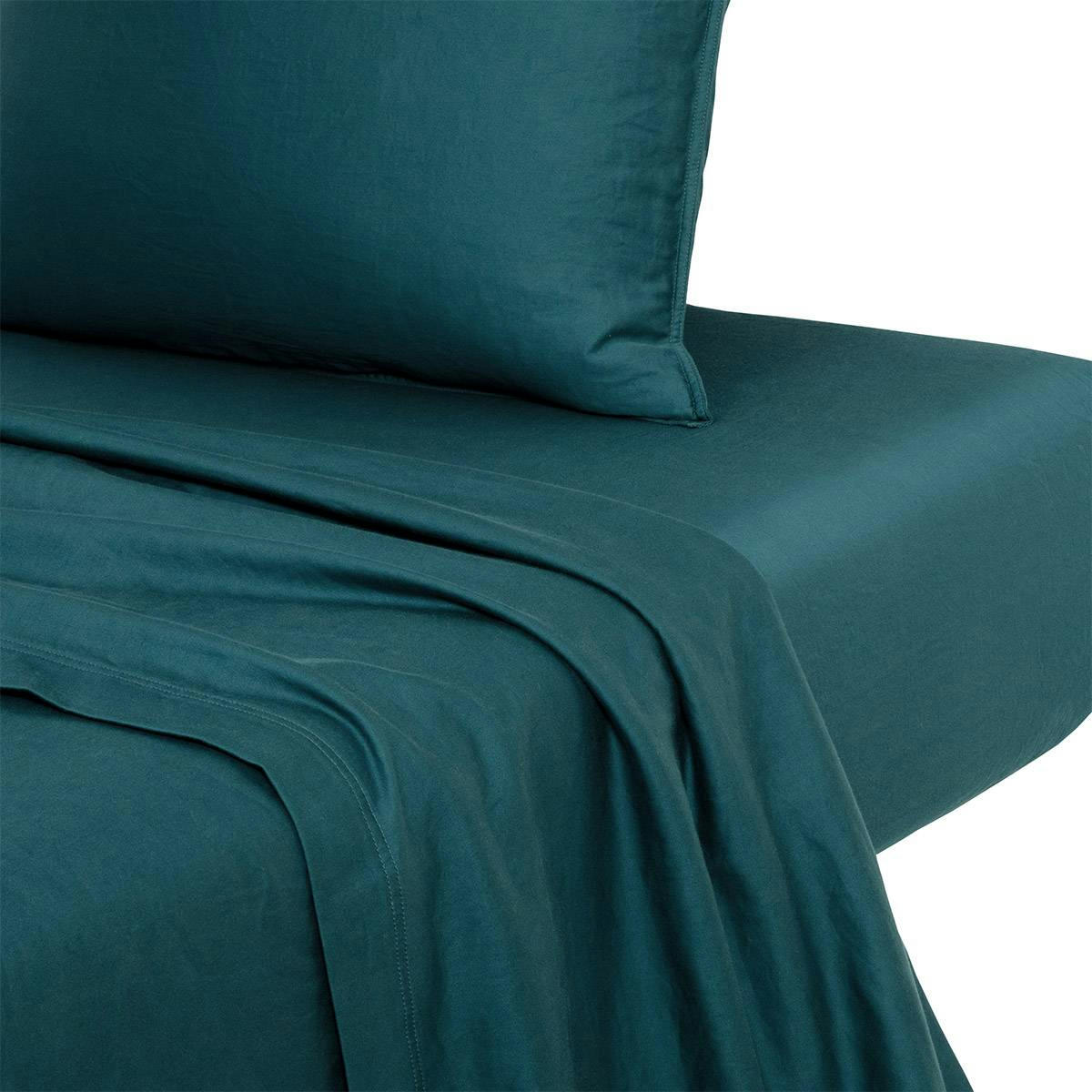 PALERME - Drap plat en satin de coton lavé vert 180 x 290 cm