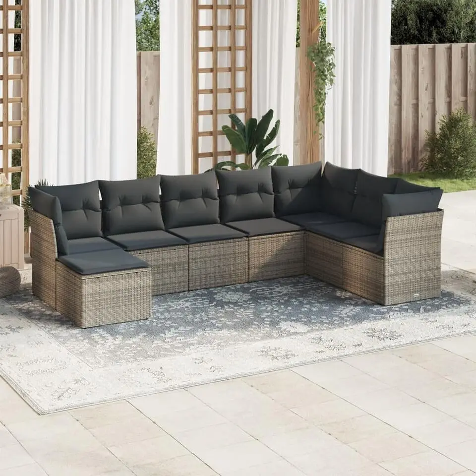 vidaXL 8-delige Loungeset met kussens - 8 personen - Grijs - Poly Rattan