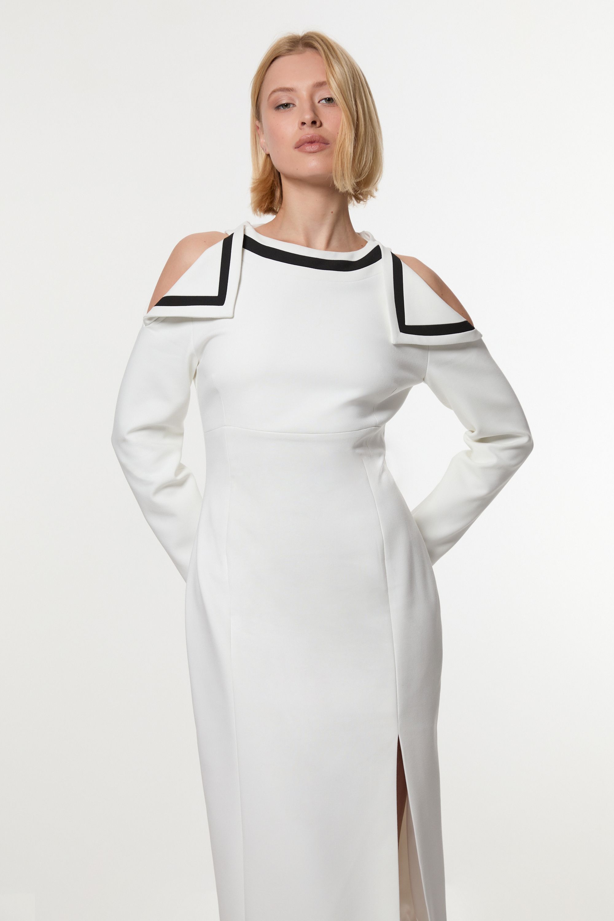KarenMillen Compact Stretch Contrast Tipped Bardot Tailored Midi Dress