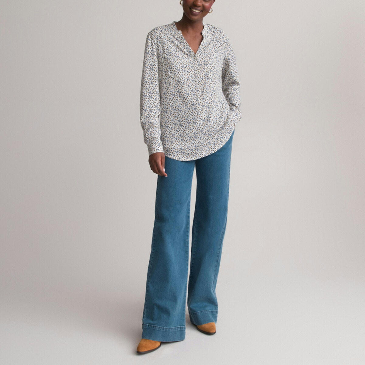 Blouse col V, imprimé floral, manches longues