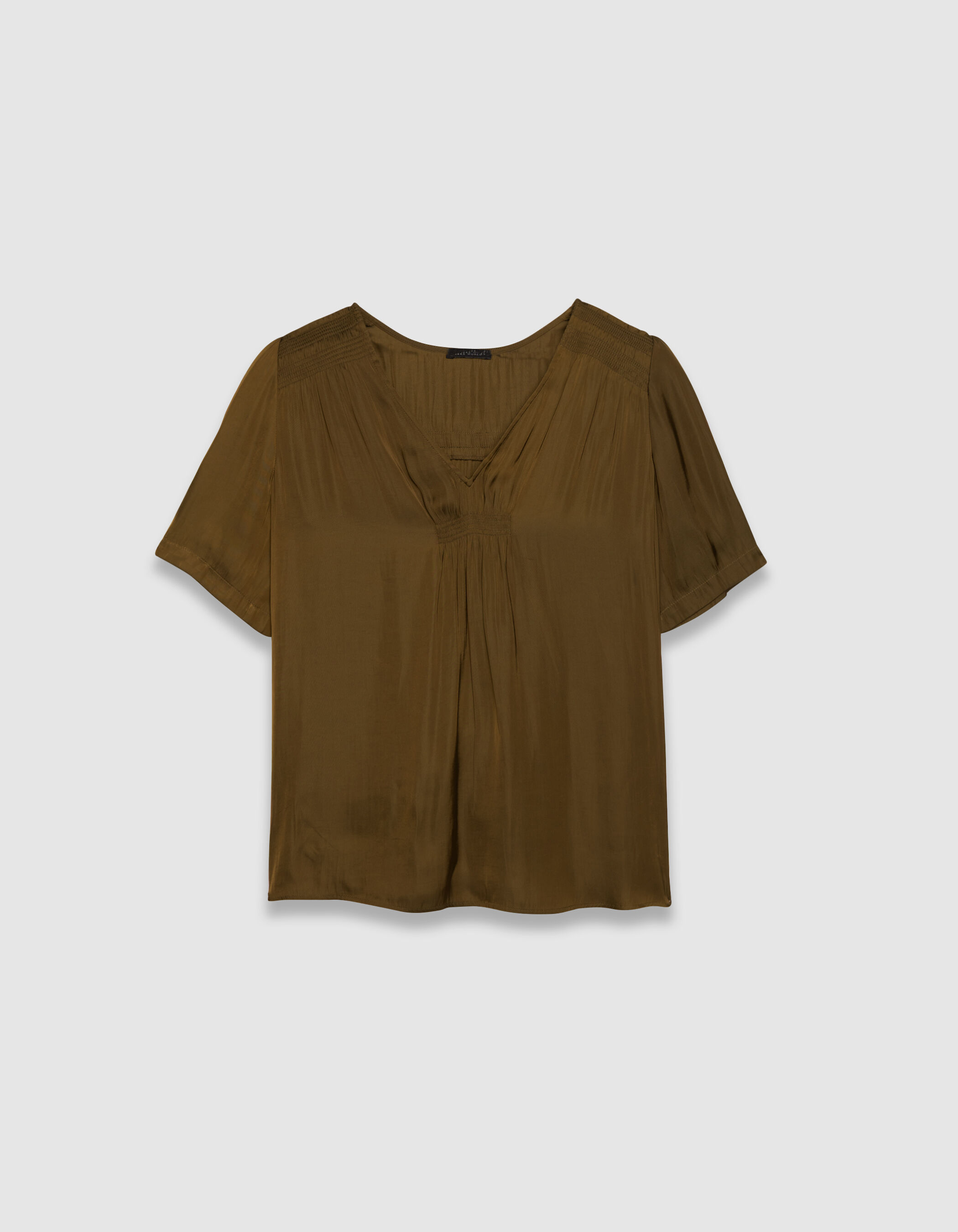 Top manches courtes kaki satiné détails smocks Femme