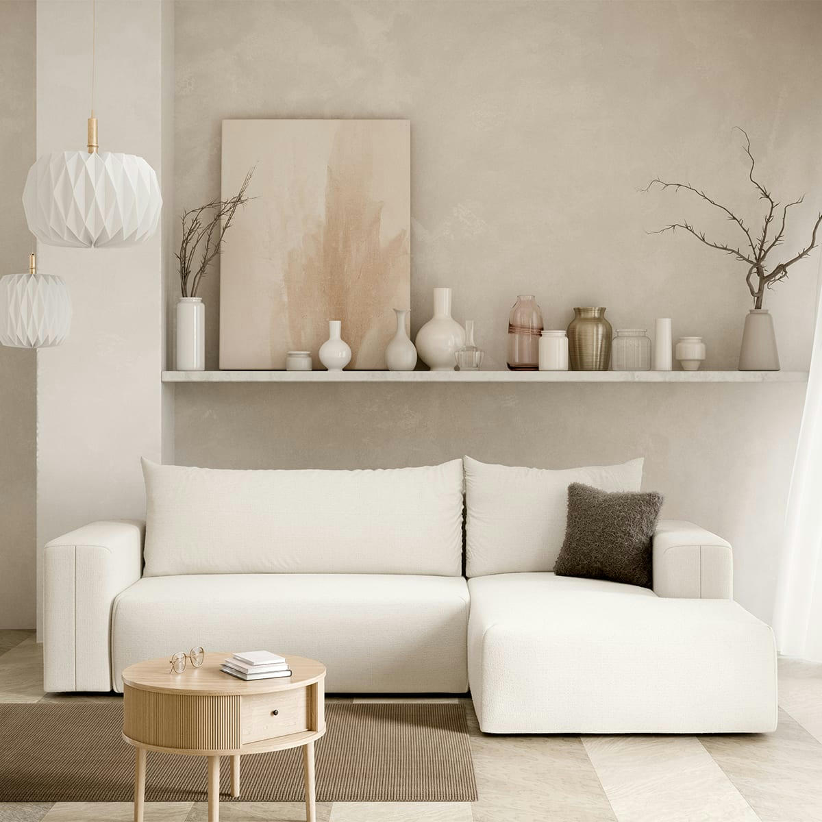 - Canapé d'angle convertible droite 3 places coffre blanc