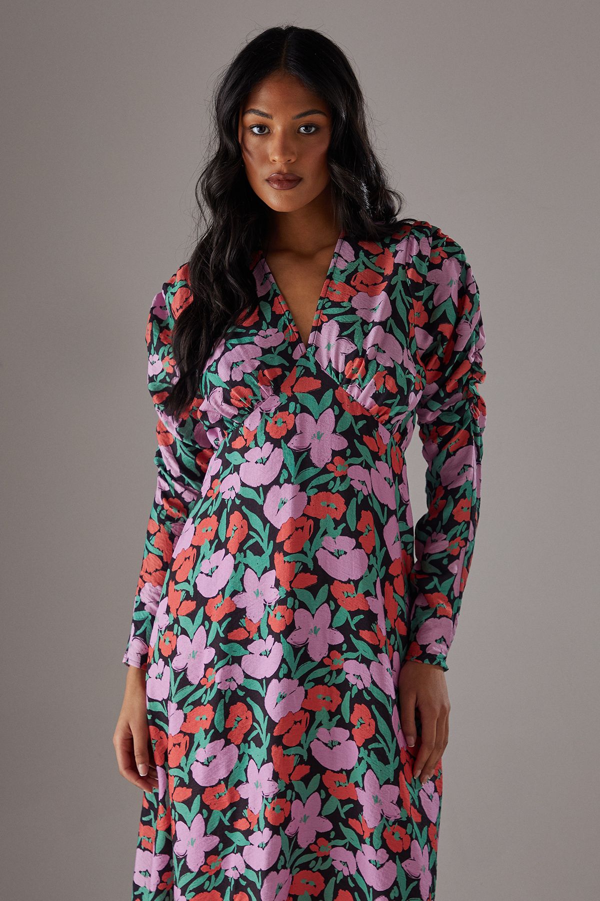 Warehouse Floral Viscose V Neck Long Puff Sleeve Midi Dress